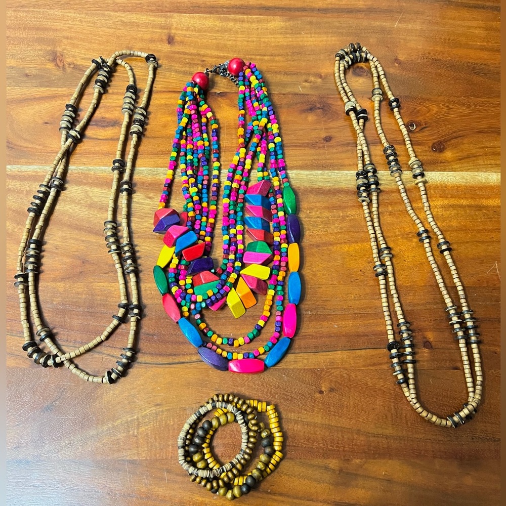 Wooden beaded statement jewelry bundle set of 4